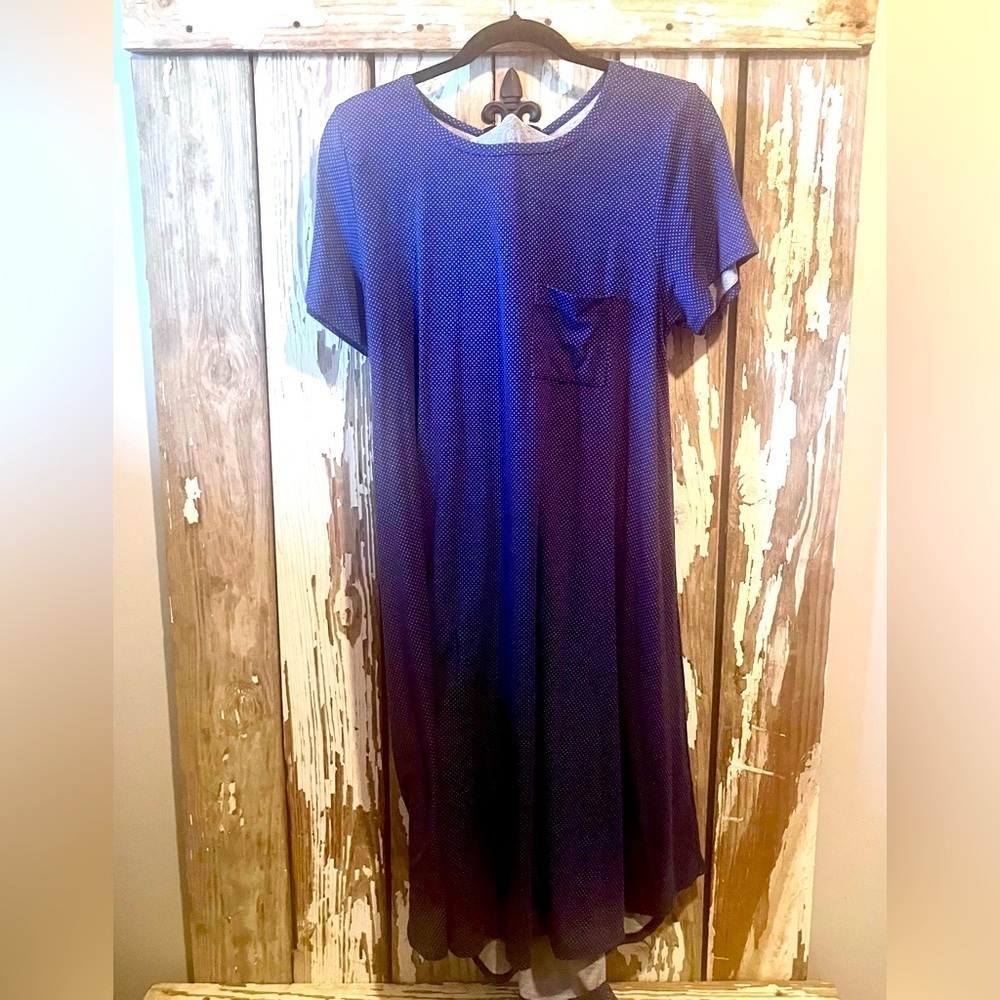 Long blue white dot dress Large